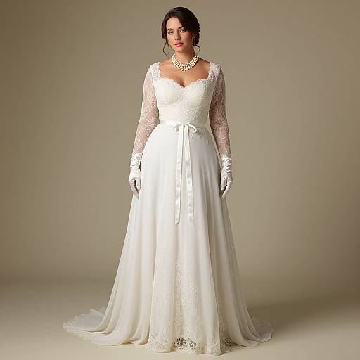 Photograph of a woman in a white, lace-trimmed, long-sleeve wedding gown with a sheer lace choker, white gloves,