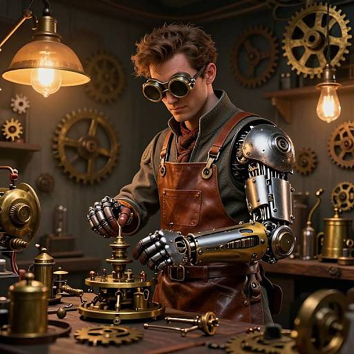 Steampunk-style photograph of a curly-haired man with mechanical arms and goggles, wearing a brown leather apron, working in a gear-filled workshop with