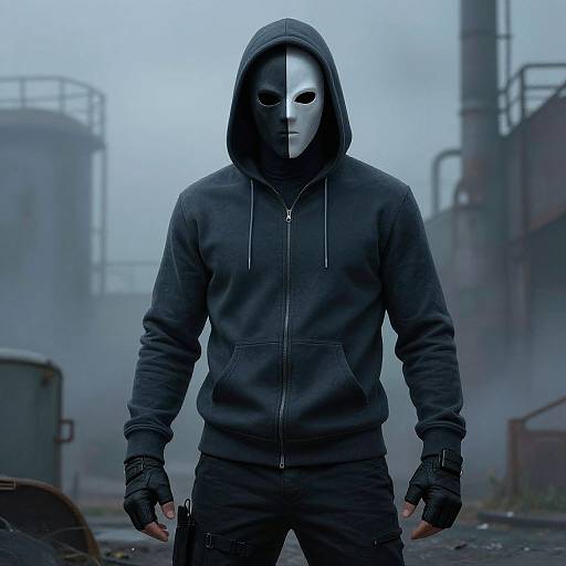 Photograph of a mysterious figure in a black hoodie, mask with eye slits, black gloves, standing in a foggy industrial background.