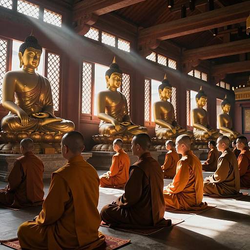 Monks Meditating in Ancient Buddhist Temple