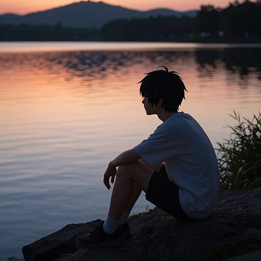 Silhouetted young man in white shirt and shorts sits on rocky lakeshore at sunset, reflecting orange and pink sky. Mountains and trees in