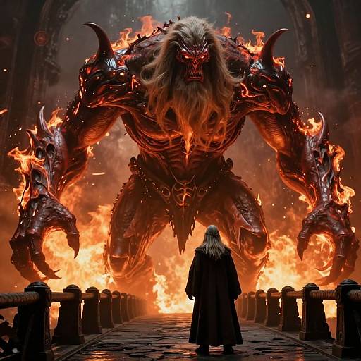Digital artwork of a towering, fiery, horned demon with glowing red eyes, standing in an infernal archway, facing a silhouetted