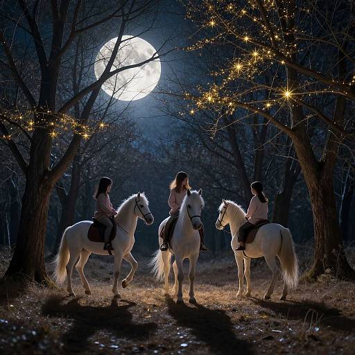 Photograph of three women riding white horses at night, under a glowing full moon, surrounded by sparkling fairy lights on bare trees.