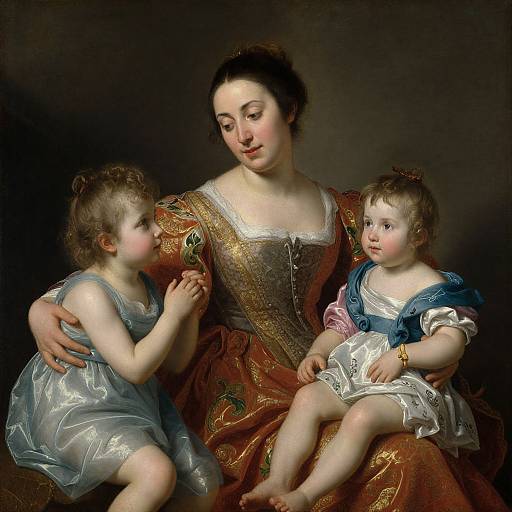 Baroque-style painting of a fair-skinned woman in an ornate dress, holding two rosy-cheeked children in delicate, shimmering garments