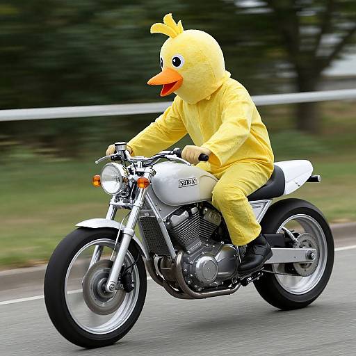 Photograph of a person wearing a bright yellow chicken costume riding a white Yamaha motorcycle on a road, with blurred greenery in the background.