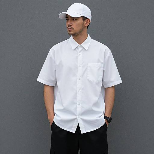 Photograph of a young man with light skin, short hair, wearing a white shirt, black pants, white cap, and black wristwatch, standing