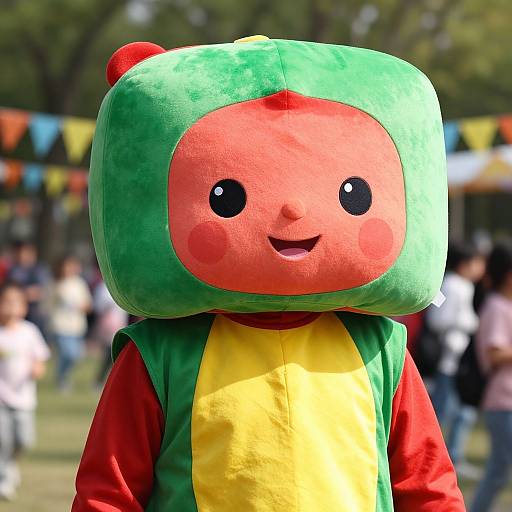 Photograph of a person in a colorful, cartoon-style green and red plush bear costume with a smiling face, standing in a blurred outdoor festival with people