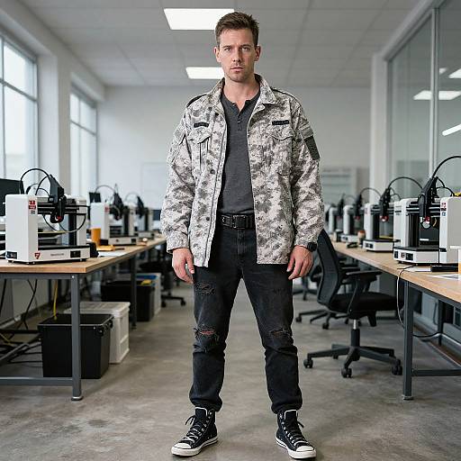 Photograph of a tall, muscular man with short brown hair, wearing a camouflage jacket, black shirt, ripped jeans, and black sneakers, standing in