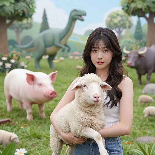 Photograph of an Asian woman with long black hair, wearing a white tank top and blue jeans, holding a fluffy white lamb in a grassy farm
