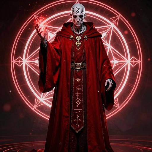 Mysterious sorcerer in red hooded cloak, white mask, holding glowing red orb, standing before glowing magical pentagram on dark background.