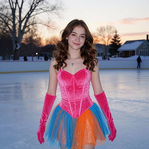 Photograph of a smiling young woman with long brown hair, wearing a vibrant pink velvet corset, blue and orange tulle skirt, and pink gloves