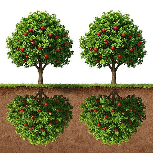 Digital illustration of two trees with lush green foliage and red apples, showing both above-ground and underground root structures against a white background.