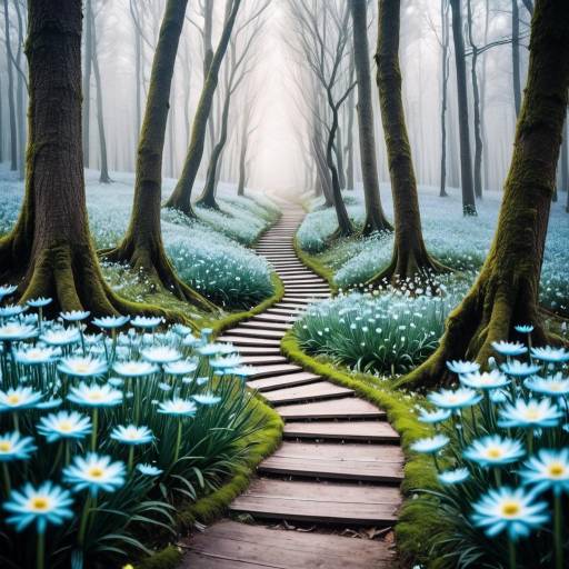 Surreal Dreamy Forest Path with Crystal Flowers