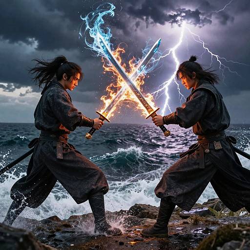 Photograph of two samurai warriors with glowing swords, clashing near a stormy ocean, lightning illuminating dark, turbulent waves.