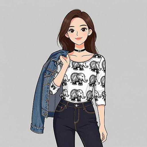 Digital illustration of a smiling woman with long brown hair, wearing a white elephant-print top, black jeans, and a denim jacket over her shoulder. Light
