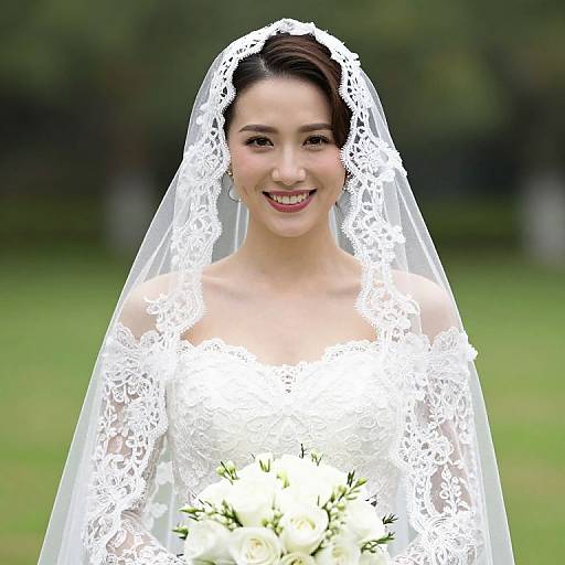 Photograph of a smiling Asian bride in an off-shoulder lace wedding dress and veil, holding a white flower bouquet, standing outdoors.