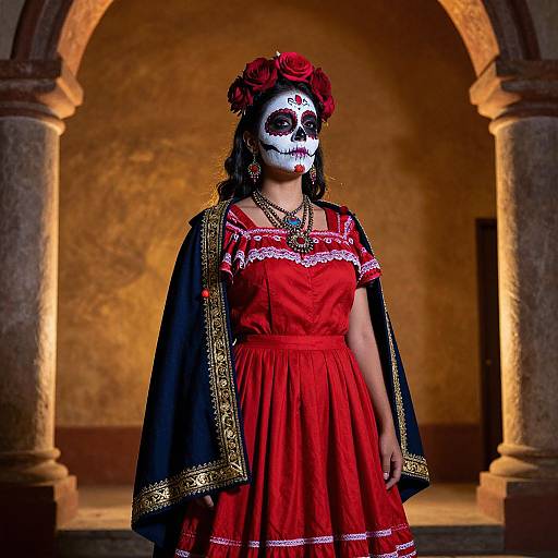 Photograph of a woman in a red dress with white skull face paint, red roses in hair, and black cape with gold trim, standing in a