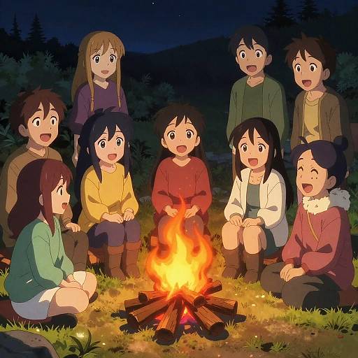 Anime-style illustration of seven cheerful children sitting around a campfire at night, wearing warm clothing, with a starry sky background.