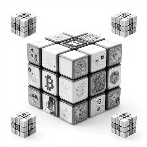 Digital illustration of a 3D Rubik's cube composed of black and white blocks with Bitcoin symbols, surrounded by four smaller cubes.