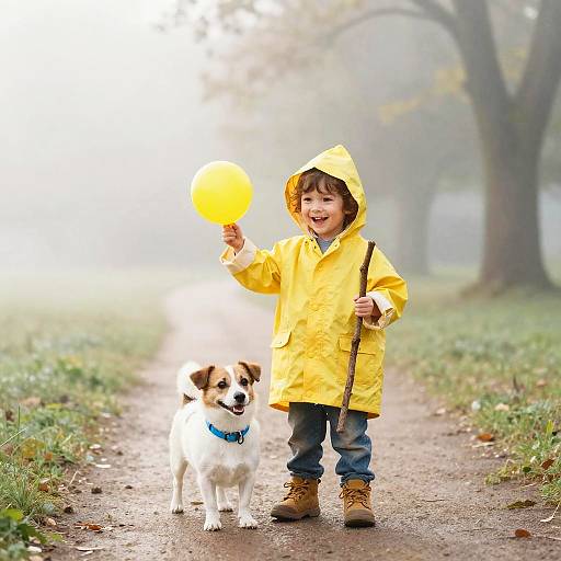 Photograph of a happy young boy in a yellow raincoat holding a yellow balloon, standing on a muddy path with a white and brown dog wearing a