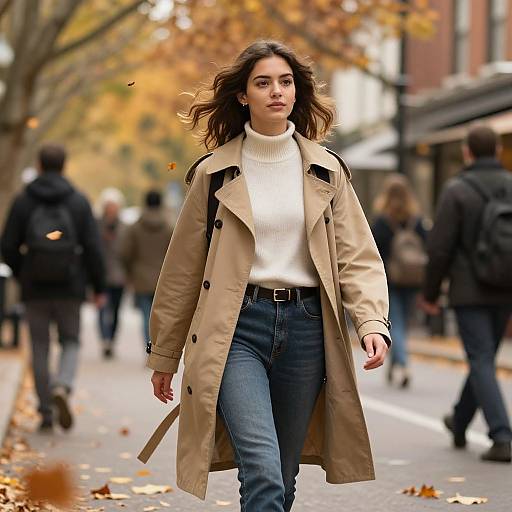 Photograph of a confident woman with wavy brown hair, wearing a beige trench coat, white turtleneck, and blue jeans, walking down an