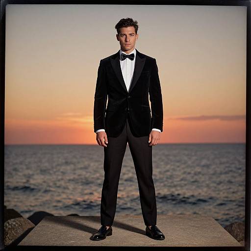 Photograph of a young man in a black tuxedo with a bow tie, standing on a rocky pier at sunset, ocean in background.