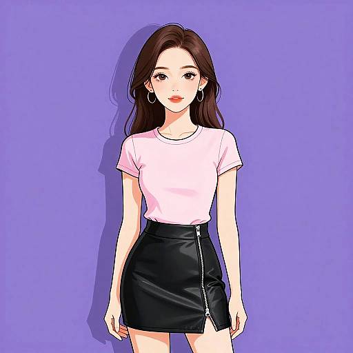 Stylish Young Woman in Pink T-Shirt and Black Leather Skirt