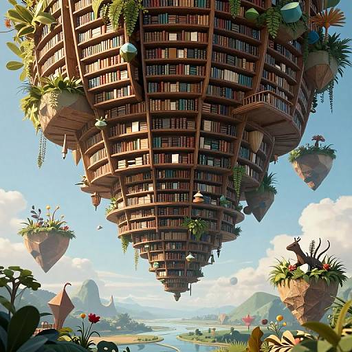 Floating Library Above Serene Landscape