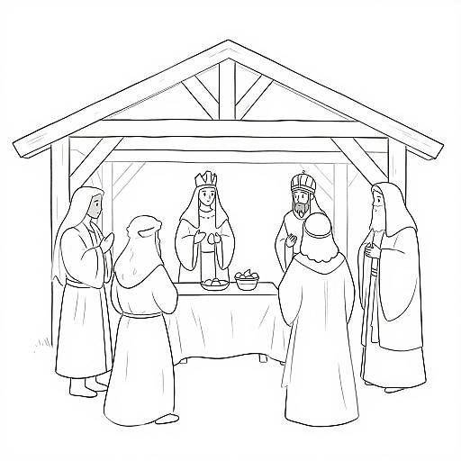 Black-and-white line drawing of medieval women in long dresses and head coverings, standing under a wooden gazebo, engaging in conversation at a table.