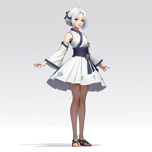 Digital anime-style drawing of a white-haired woman in a white and black Korean-inspired dress, with wide sleeves, black obi, and sandals, standing