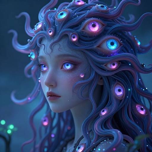 Digital fantasy artwork of a blue-skinned, ethereal woman with flowing, tentacle-like hair adorned with glowing, multi-colored eyes, set against a