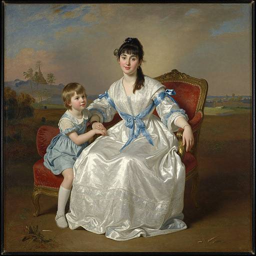 Portrait painting of a Victorian woman in a white, silk dress with blue ribbons, sitting on a red chair, holding a young boy in a blue