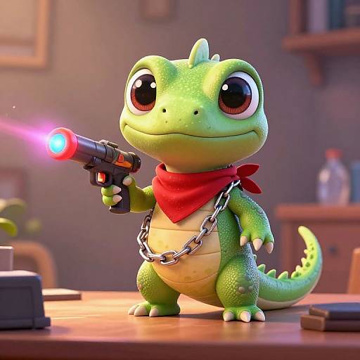Chibi-style, CGI, green dinosaur with large eyes, red bandana, holding glowing gun, chains around neck, standing on wooden table.