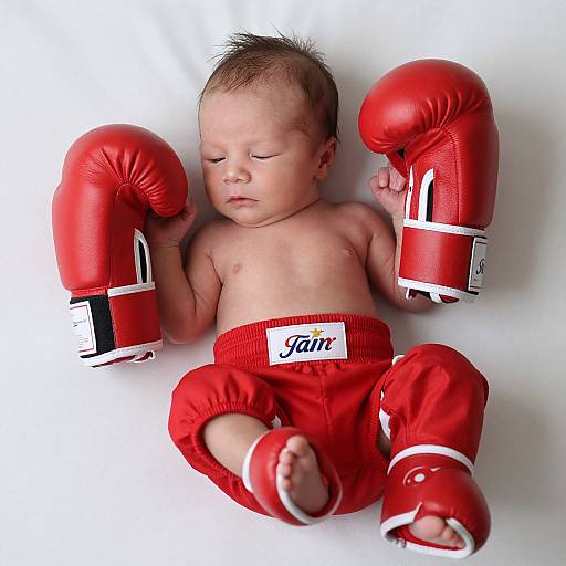 Photograph of a sleeping baby with light skin, wearing red boxing gloves, red pants, and red shoes, lying on a white background.
