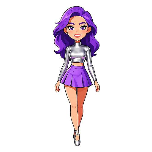 Digital cartoon of a cheerful, purple-haired woman with large eyes, wearing a silver crop top and purple skirt, standing against a plain white background.