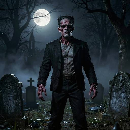 Frankenstein Monster in Misty Graveyard