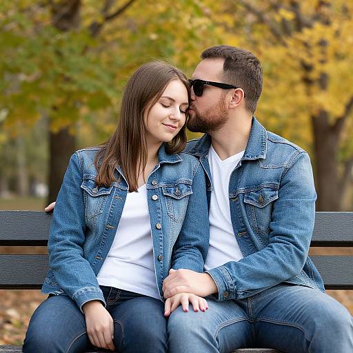 Photograph of a young couple sitting on a black bench in an autumn park, both wearing denim jackets and white shirts, with the man kissing her forehead