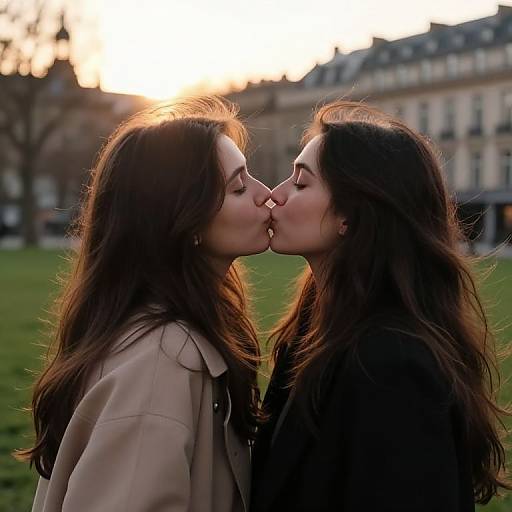 Photograph of two women with long brown hair kissing outdoors at sunset, wearing coats, with a blurred historic building and green grass in the background.