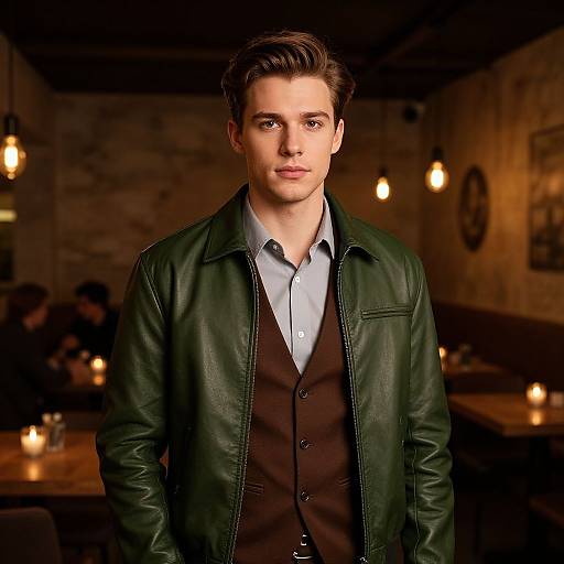 Photograph of a handsome young man with light skin and brown hair, wearing a green leather jacket, brown vest, and gray shirt, standing in a