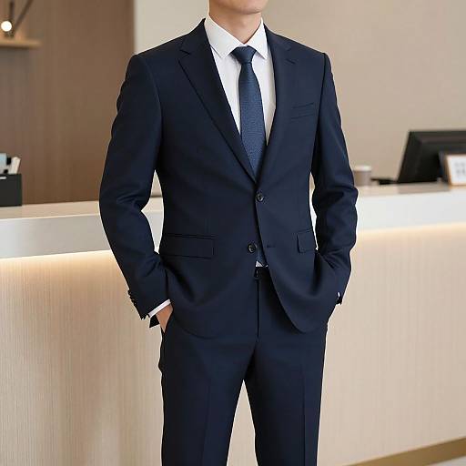 Photograph of a man in a black suit, white shirt, and dark tie, standing with hands in pockets, in a modern, brightly lit office