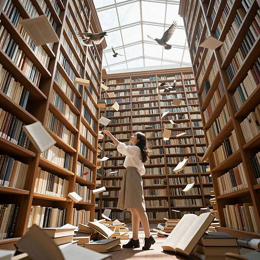 Photograph of a woman with black hair in a white blouse and gray skirt, standing in a sunlit library, flinging books and papers, with