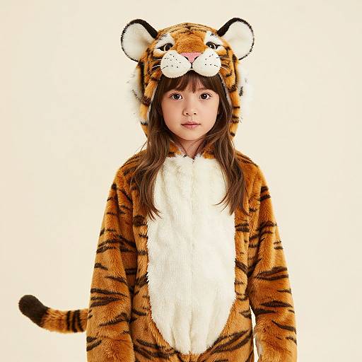 Photograph of a young girl with long brown hair, wearing a tiger onesie with orange, black stripes, white belly, and tiger ears and nose