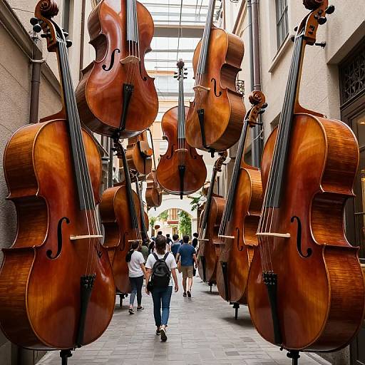 Photograph of a narrow alleyway with large wooden cellos hanging overhead, pedestrians walking below, surrounded by beige stone walls.