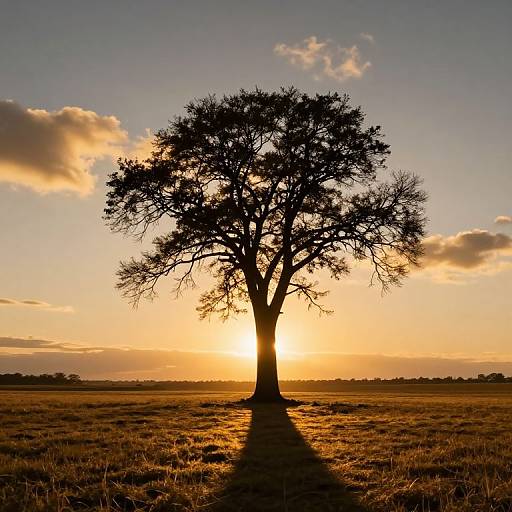 Photograph of a silhouetted, leafless tree at sunset, casting a long shadow on a golden, grassy field, with a colorful