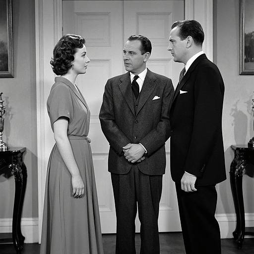 Black-and-white photograph of three 1940s-style individuals: a woman in a dress, a man in a suit, and another man in a
