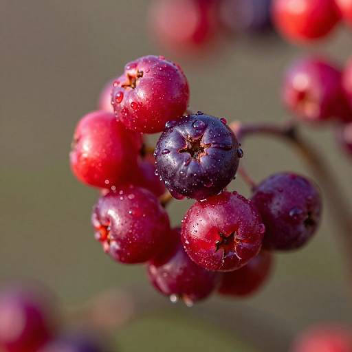 Close-up photograph of vibrant red and dark purple berries with water droplets, blurred green background, capturing natural texture and color contrast.