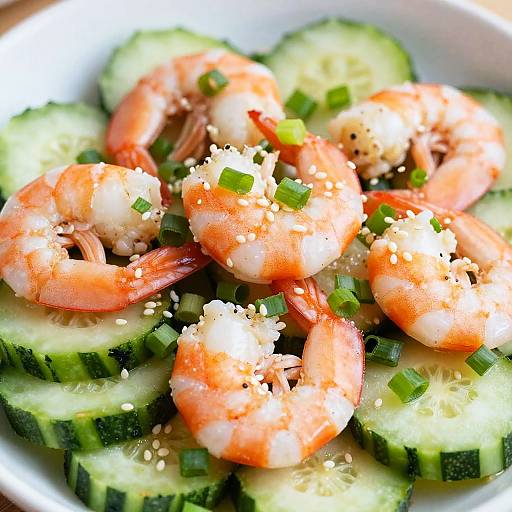 Close-up photo of shrimp salad with pink shrimp, green cucumber slices, chopped onions, and sesame seeds on a white plate.