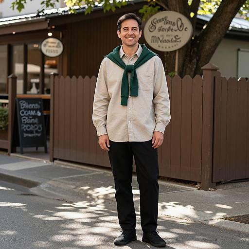 Photograph of a smiling man in a white shirt, black pants, and green scarf standing on a sunny street in front of a brown fence and a