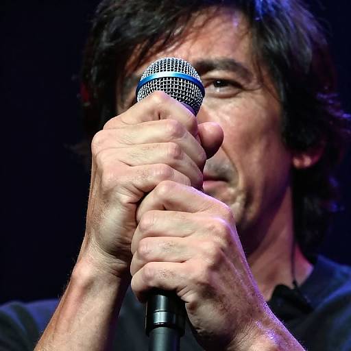 Close-up photograph of a middle-aged man with dark, slightly disheveled hair, holding a silver microphone close to his mouth, wearing a black shirt