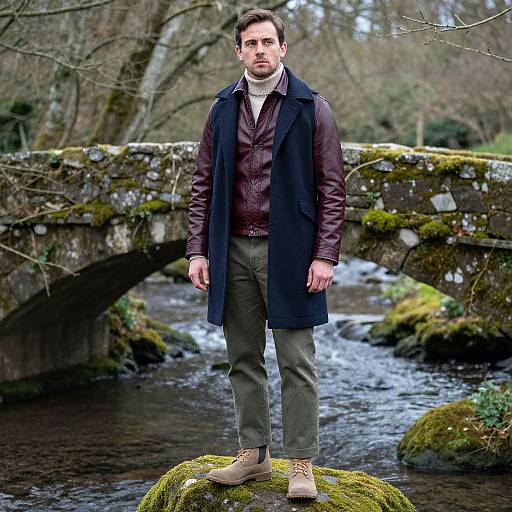 Photograph of a bearded man in a dark coat, brown vest, and olive pants standing on a mossy rock by a moss-covered bridge over